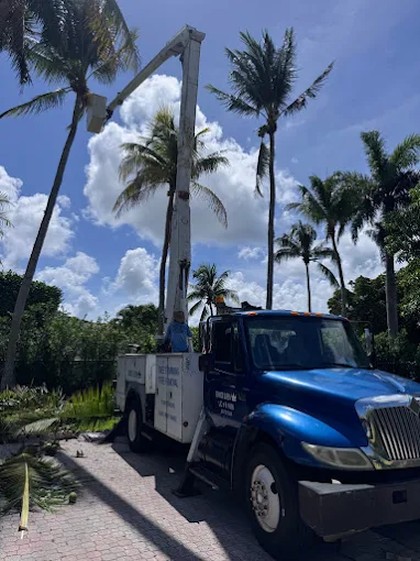 Landscaping crew in West Palm Beach - FL shaping hedges and clearing clippings along a driveway
